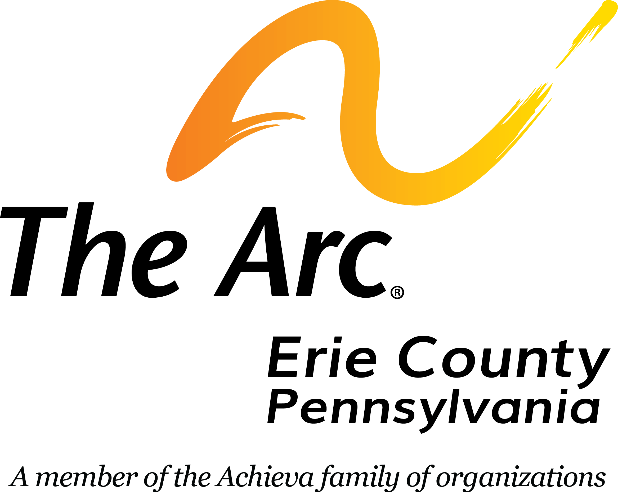 The Arc Erie County Pennsylvania Logo features a splash of color ranging from orange to gold above the organization name,