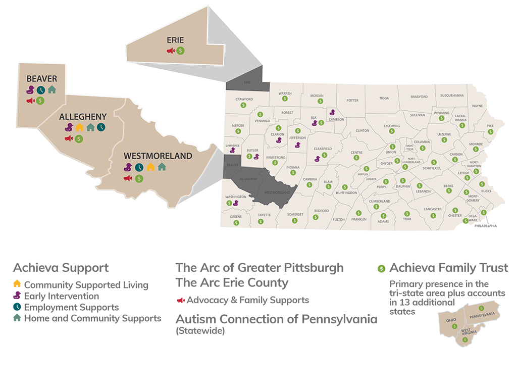 Pennsylvania Map indicates which counties where Achieva offers support. This varies by department. Call 1.888.272.7229 to inquire.