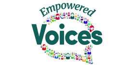 Empowered Voices Logo features a colorful word bubble made up of illustrations of people