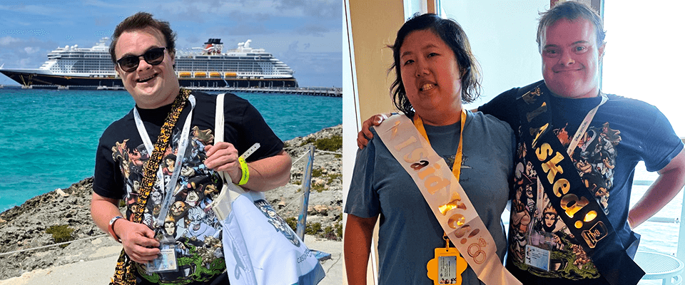 Photo 1: Zach Dixon in front of a cruise ship. Photo 2: Zach Dixon and his finance Kristen